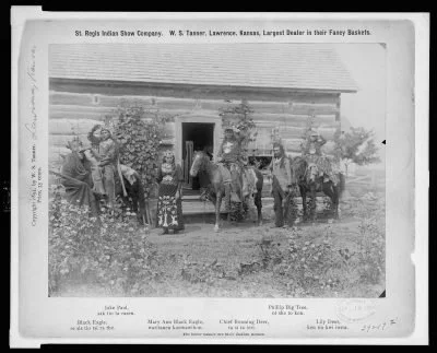 What part of the bison was used? Group portrait of St. Regis Mohawk men and women in costume outside log building, some on horseback sep 1894 LOC